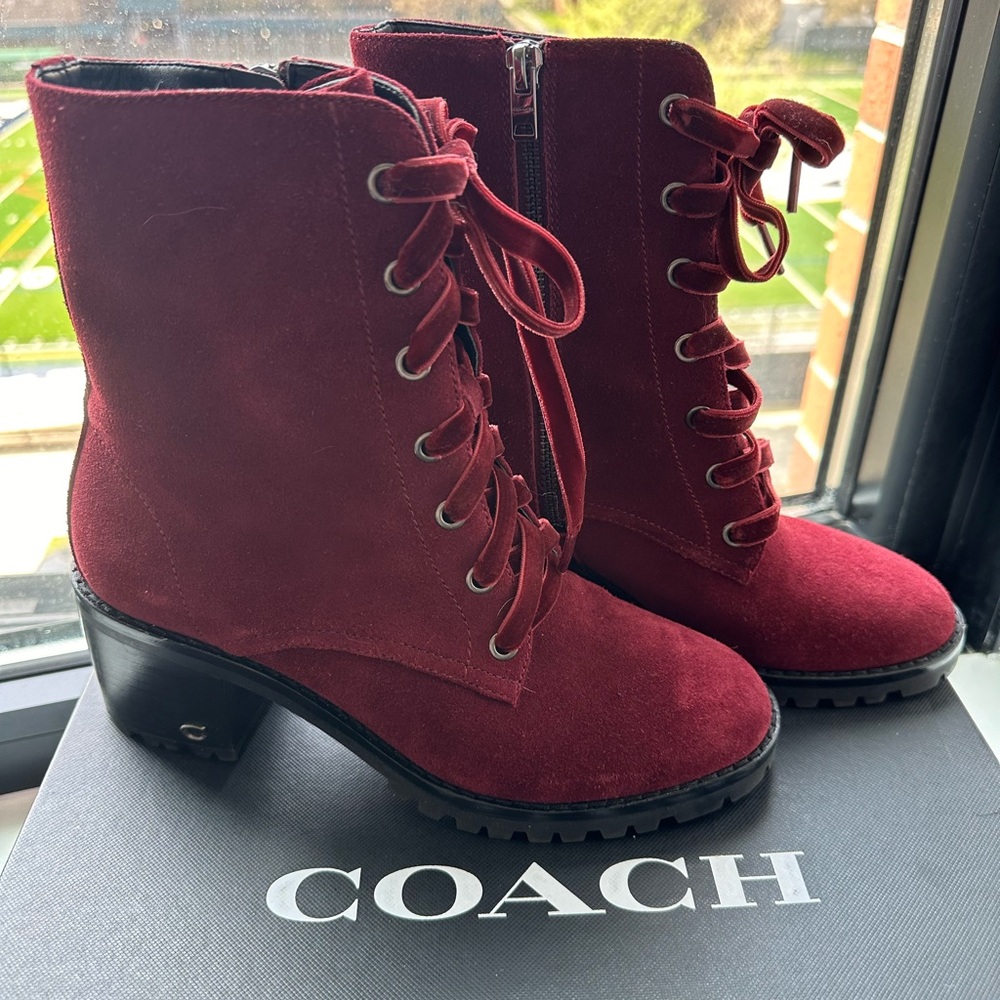 Coach Jadyn Booties Lace Up Combat Boots Suede Wine Red Sz 7